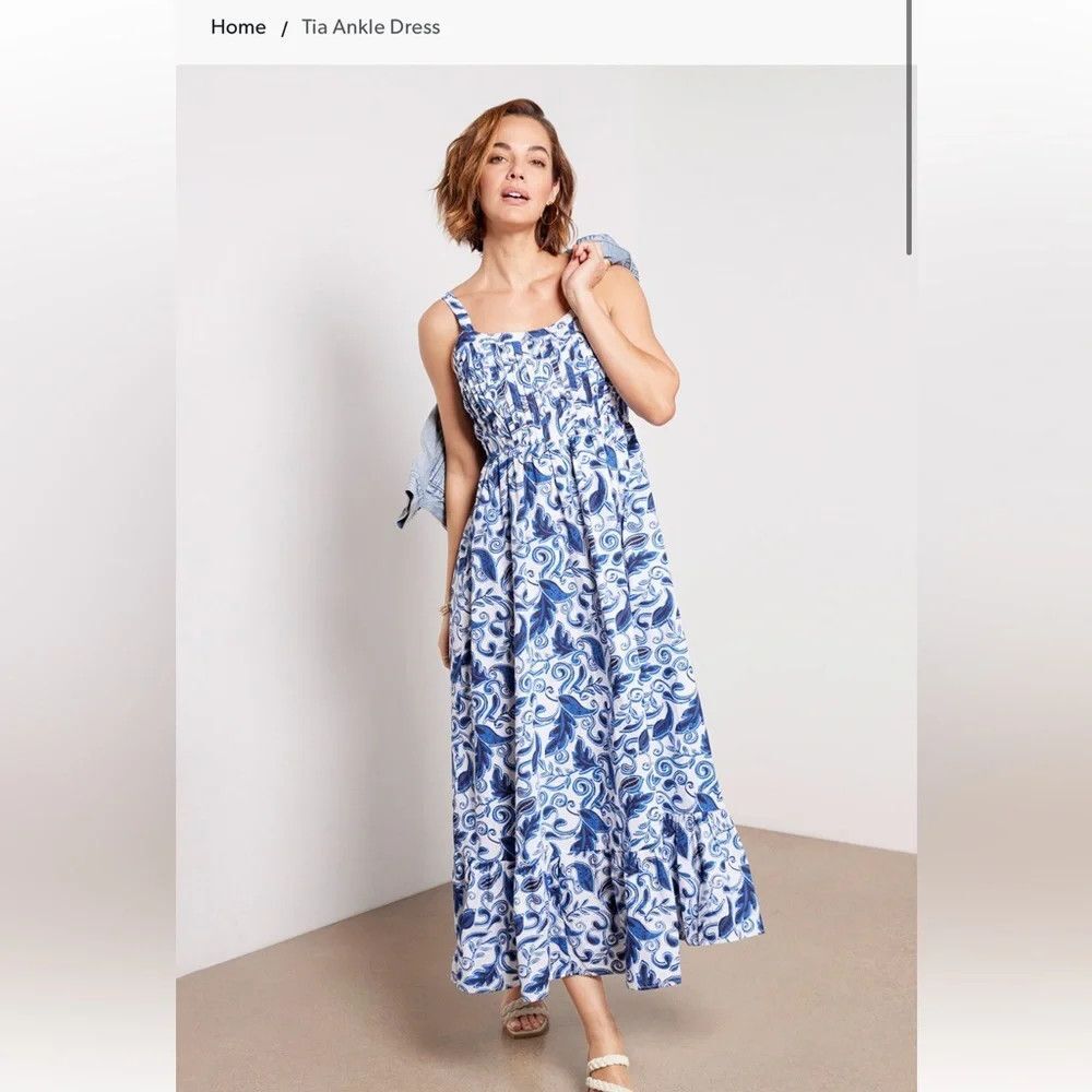 Cleobella TDress Womens Medium Blue Paisley Cotton Smocked Strappy Midi Sundress